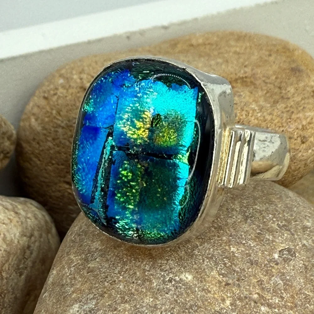 Sterling Silver Multicolor Blue Dichroic Glass Statement Ring Size 10 – 10.6g